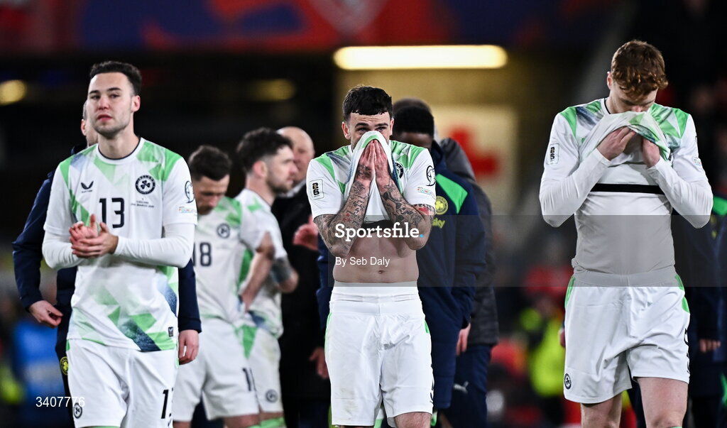 26 March 2026; Troy Parrott of Republic of Ireland, centre, and teammates after the FIFA World Cup 2026 European Qualifiers play-off semi-final match between Czechia and Republic of Ireland at Fortuna Arena in Prague, Czechia. Photo by Seb Daly/Sportsfile
