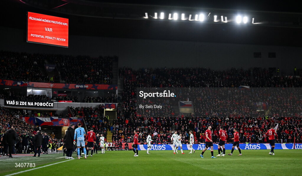 26 March 2026; A view of the big screen during a VAR review during the FIFA World Cup 2026 European Qualifiers play-off semi-final match between Czechia and Republic of Ireland at Fortuna Arena in Prague, Czechia. Photo by Seb Daly/Sportsfile