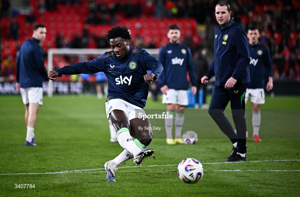 26 March 2026; James Abankwah of Republic of Ireland before the FIFA World Cup 2026 European Qualifiers play-off semi-final match between Czechia and Republic of Ireland at Fortuna Arena in Prague, Czechia. Photo by Seb Daly/Sportsfile