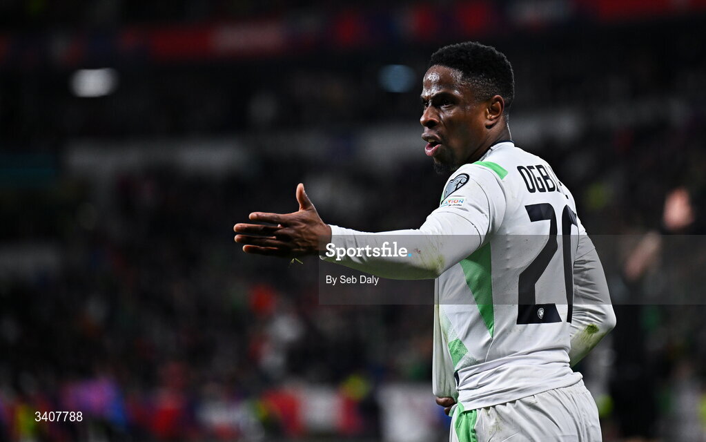 26 March 2026; Chiedozie Ogbene of Republic of Ireland during the FIFA World Cup 2026 European Qualifiers play-off semi-final match between Czechia and Republic of Ireland at Fortuna Arena in Prague, Czechia. Photo by Seb Daly/Sportsfile