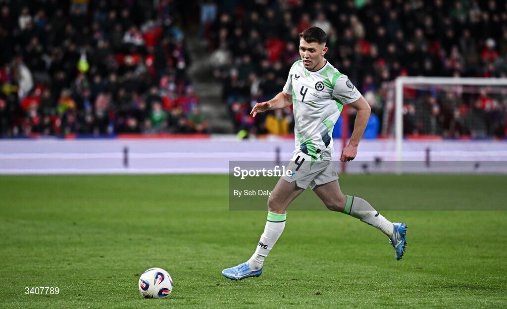 26 March 2026; Dara O'Shea of Republic of Ireland during the FIFA World Cup 2026 European Qualifiers play-off semi-final match between Czechia and Republic of Ireland at Fortuna Arena in Prague, Czechia. Photo by Seb Daly/Sportsfile