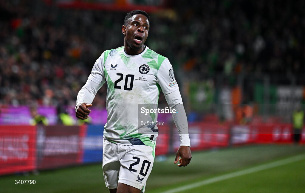 26 March 2026; Chiedozie Ogbene of Republic of Ireland during the FIFA World Cup 2026 European Qualifiers play-off semi-final match between Czechia and Republic of Ireland at Fortuna Arena in Prague, Czechia. Photo by Seb Daly/Sportsfile