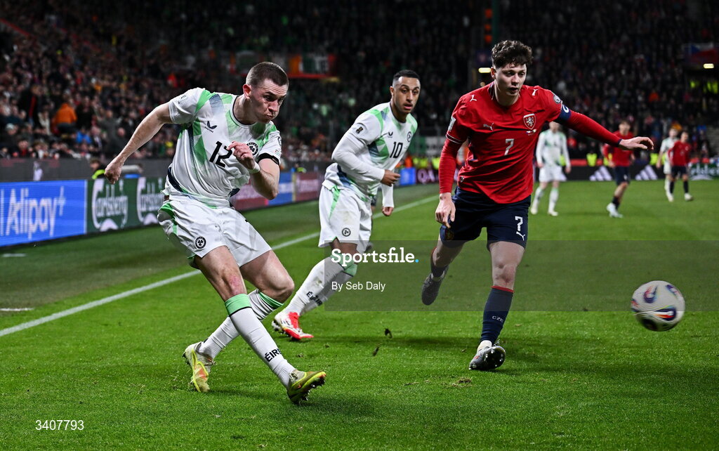 26 March 2026; Jimmy Dunne of Republic of Ireland in action against Ladislav Krejcí of Czechia during the FIFA World Cup 2026 European Qualifiers play-off semi-final match between Czechia and Republic of Ireland at Fortuna Arena in Prague, Czechia. Photo by Seb Daly/Sportsfile