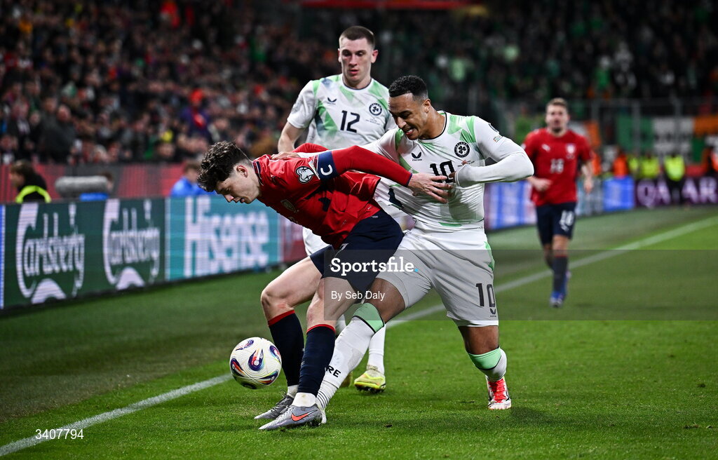 26 March 2026; Ladislav Krejcí of Czechia in action against Adam Idah of Republic of Ireland during the FIFA World Cup 2026 European Qualifiers play-off semi-final match between Czechia and Republic of Ireland at Fortuna Arena in Prague, Czechia. Photo by Seb Daly/Sportsfile