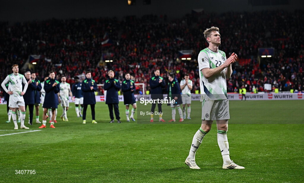 26 March 2026; Nathan Collins of Republic of Ireland after the FIFA World Cup 2026 European Qualifiers play-off semi-final match between Czechia and Republic of Ireland at Fortuna Arena in Prague, Czechia. Photo by Seb Daly/Sportsfile