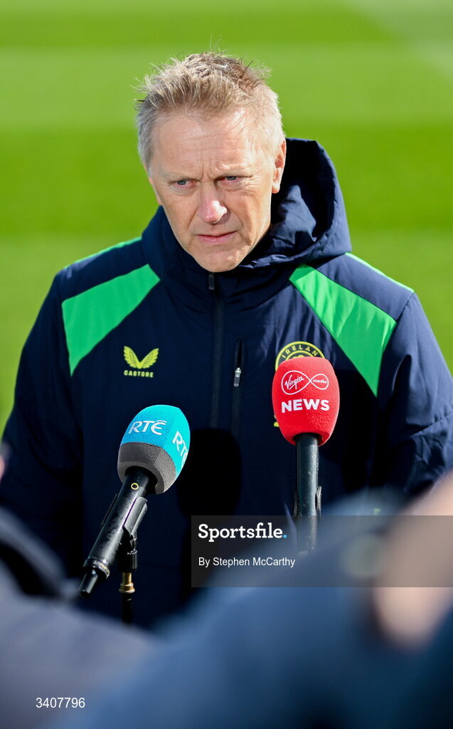 28 March 2026; Head coach Heimir Hallgrimsson speaks to media before a Republic of Ireland men's training session at the FAI National Training Centre in Abbotstown, Dublin. Photo by Stephen McCarthy/Sportsfile