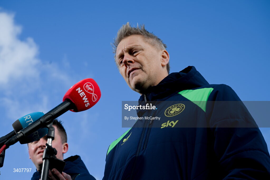 28 March 2026; Head coach Heimir Hallgrimsson speaks to media before a Republic of Ireland men's training session at the FAI National Training Centre in Abbotstown, Dublin. Photo by Stephen McCarthy/Sportsfile