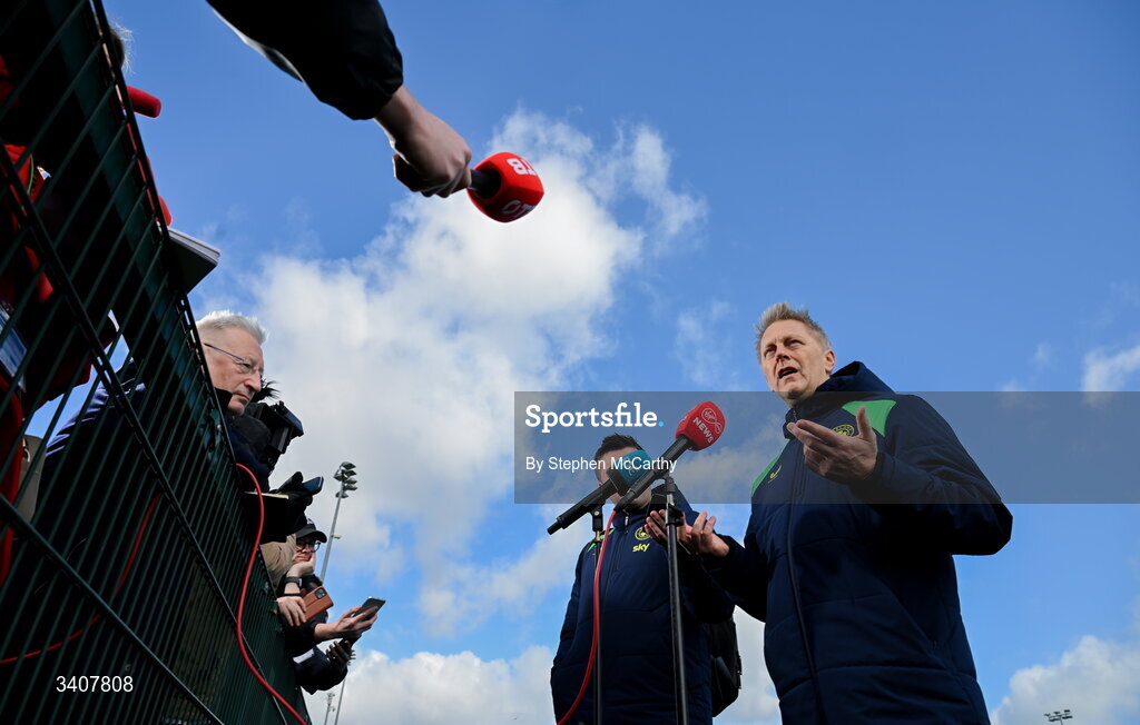 28 March 2026; Head coach Heimir Hallgrimsson speaks to media before a Republic of Ireland men's training session at the FAI National Training Centre in Abbotstown, Dublin. Photo by Stephen McCarthy/Sportsfile