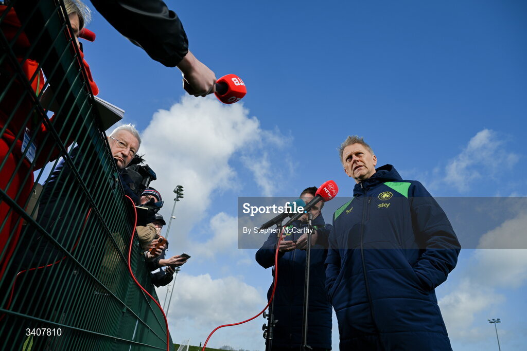 28 March 2026; Head coach Heimir Hallgrimsson speaks to media before a Republic of Ireland men's training session at the FAI National Training Centre in Abbotstown, Dublin. Photo by Stephen McCarthy/Sportsfile