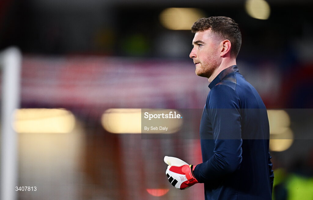 26 March 2026; Republic of Ireland goalkeeper Mark Travers before the FIFA World Cup 2026 European Qualifiers play-off semi-final match between Czechia and Republic of Ireland at Fortuna Arena in Prague, Czechia. Photo by Seb Daly/Sportsfile