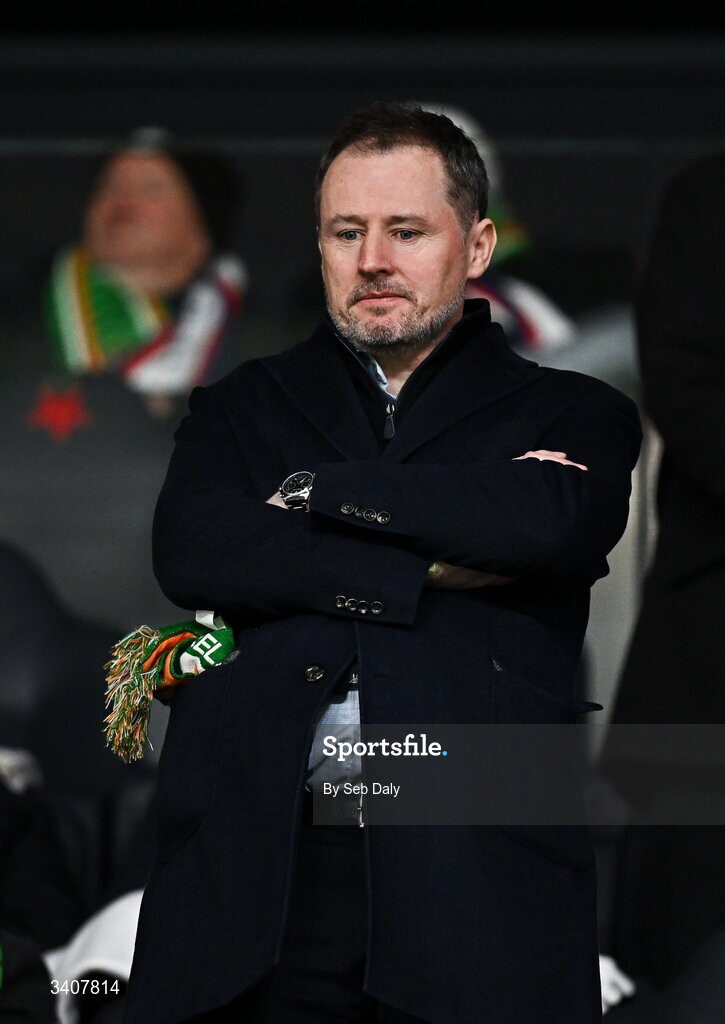 26 March 2026; Minister of State at the Department of Culture, Communications and Sport Charlie McConalogue TD, before the FIFA World Cup 2026 European Qualifiers play-off semi-final match between Czechia and Republic of Ireland at Fortuna Arena in Prague, Czechia. Photo by Seb Daly/Sportsfile