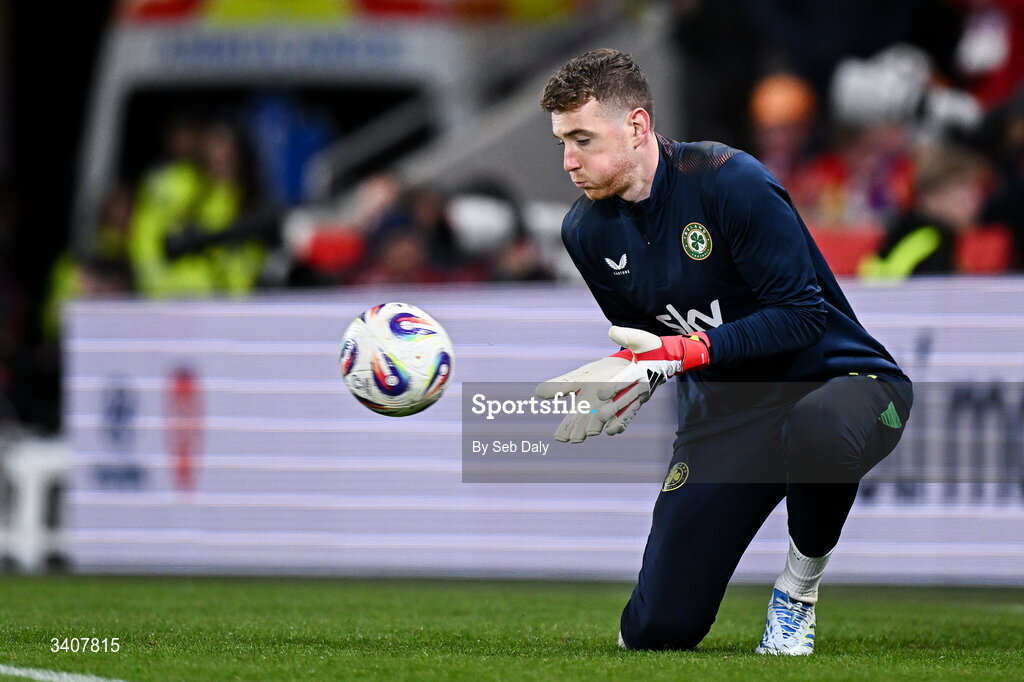 26 March 2026; Republic of Ireland goalkeeper Mark Travers before the FIFA World Cup 2026 European Qualifiers play-off semi-final match between Czechia and Republic of Ireland at Fortuna Arena in Prague, Czechia. Photo by Seb Daly/Sportsfile