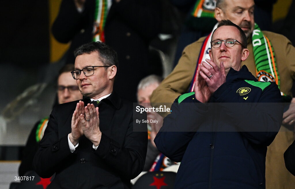 26 March 2026; FAI chief executive officer David Courell, right, with Minister for Arts, Media, Communications, Culture and Sport Patrick O'Donovan TD, left, before the FIFA World Cup 2026 European Qualifiers play-off semi-final match between Czechia and Republic of Ireland at Fortuna Arena in Prague, Czechia. Photo by Seb Daly/Sportsfile