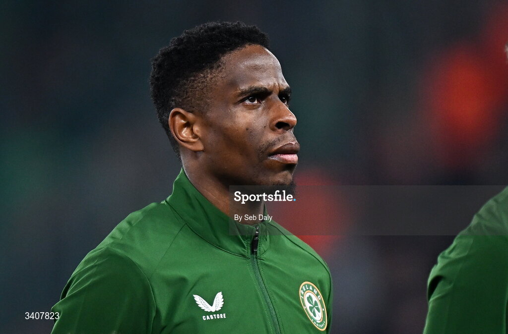 26 March 2026; Chiedozie Ogbene of Republic of Ireland before the FIFA World Cup 2026 European Qualifiers play-off semi-final match between Czechia and Republic of Ireland at Fortuna Arena in Prague, Czechia. Photo by Seb Daly/Sportsfile