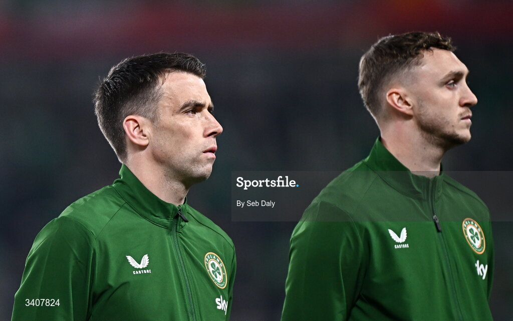 26 March 2026; Republic of Ireland players Seamus Coleman, left, and Jack Taylor before the FIFA World Cup 2026 European Qualifiers play-off semi-final match between Czechia and Republic of Ireland at Fortuna Arena in Prague, Czechia. Photo by Seb Daly/Sportsfile