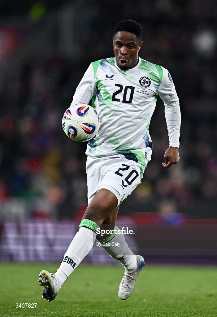 26 March 2026; Chiedozie Ogbene of Republic of Ireland during the FIFA World Cup 2026 European Qualifiers play-off semi-final match between Czechia and Republic of Ireland at Fortuna Arena in Prague, Czechia. Photo by Seb Daly/Sportsfile