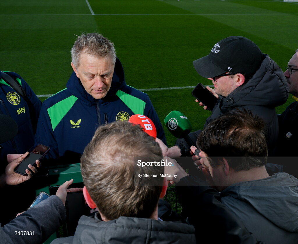 28 March 2026; Head coach Heimir Hallgrimsson speaks to media before a Republic of Ireland men's training session at the FAI National Training Centre in Abbotstown, Dublin. Photo by Stephen McCarthy/Sportsfile