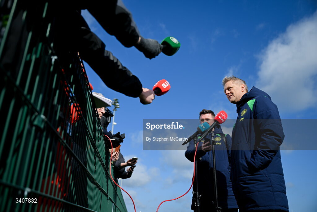 28 March 2026; Head coach Heimir Hallgrimsson speaks to media before a Republic of Ireland men's training session at the FAI National Training Centre in Abbotstown, Dublin. Photo by Stephen McCarthy/Sportsfile