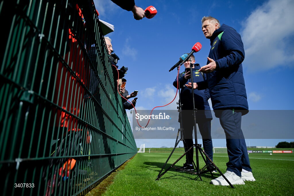 28 March 2026; Head coach Heimir Hallgrimsson speaks to media before a Republic of Ireland men's training session at the FAI National Training Centre in Abbotstown, Dublin. Photo by Stephen McCarthy/Sportsfile