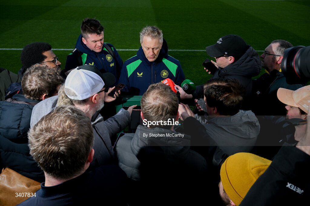 28 March 2026; Head coach Heimir Hallgrimsson speaks to media, accompanied by communications manager Kieran Crowley, before a Republic of Ireland men's training session at the FAI National Training Centre in Abbotstown, Dublin. Photo by Stephen McCarthy/Sportsfile