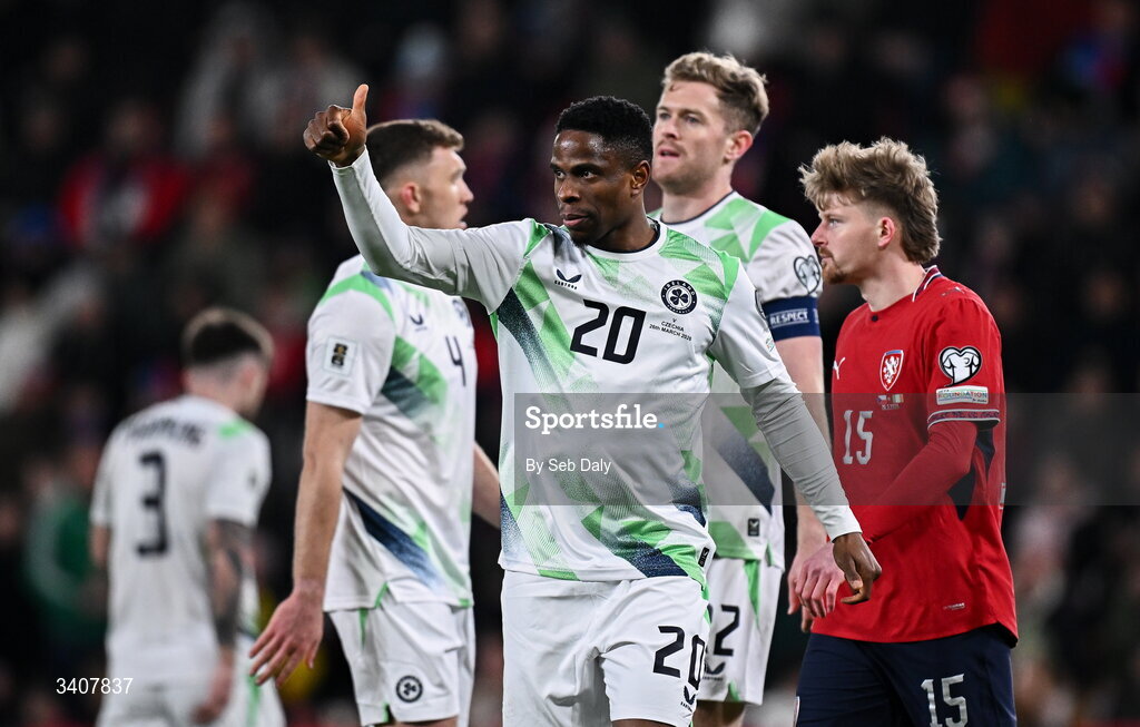 26 March 2026; Chiedozie Ogbene of Republic of Ireland during the FIFA World Cup 2026 European Qualifiers play-off semi-final match between Czechia and Republic of Ireland at Fortuna Arena in Prague, Czechia. Photo by Seb Daly/Sportsfile