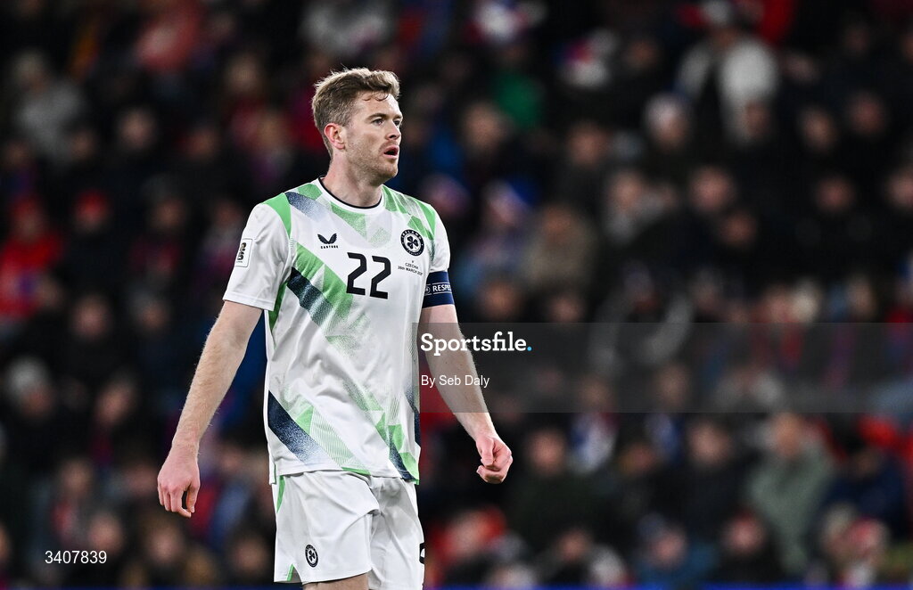 26 March 2026; Nathan Collins of Republic of Ireland during the FIFA World Cup 2026 European Qualifiers play-off semi-final match between Czechia and Republic of Ireland at Fortuna Arena in Prague, Czechia. Photo by Seb Daly/Sportsfile