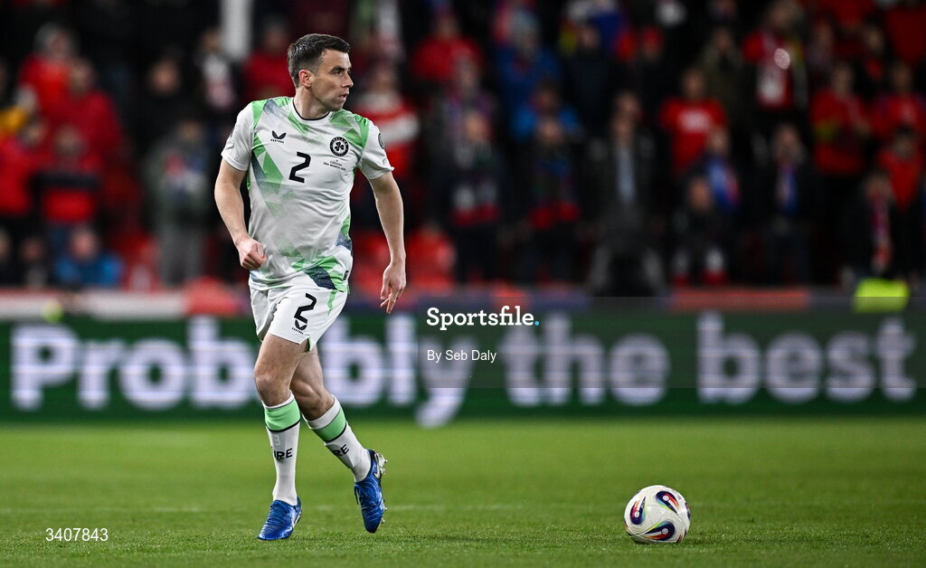 26 March 2026; Seamus Coleman of Republic of Ireland during the FIFA World Cup 2026 European Qualifiers play-off semi-final match between Czechia and Republic of Ireland at Fortuna Arena in Prague, Czechia. Photo by Seb Daly/Sportsfile