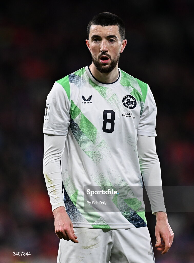26 March 2026; Finn Azaz of Republic of Ireland during the FIFA World Cup 2026 European Qualifiers play-off semi-final match between Czechia and Republic of Ireland at Fortuna Arena in Prague, Czechia. Photo by Seb Daly/Sportsfile