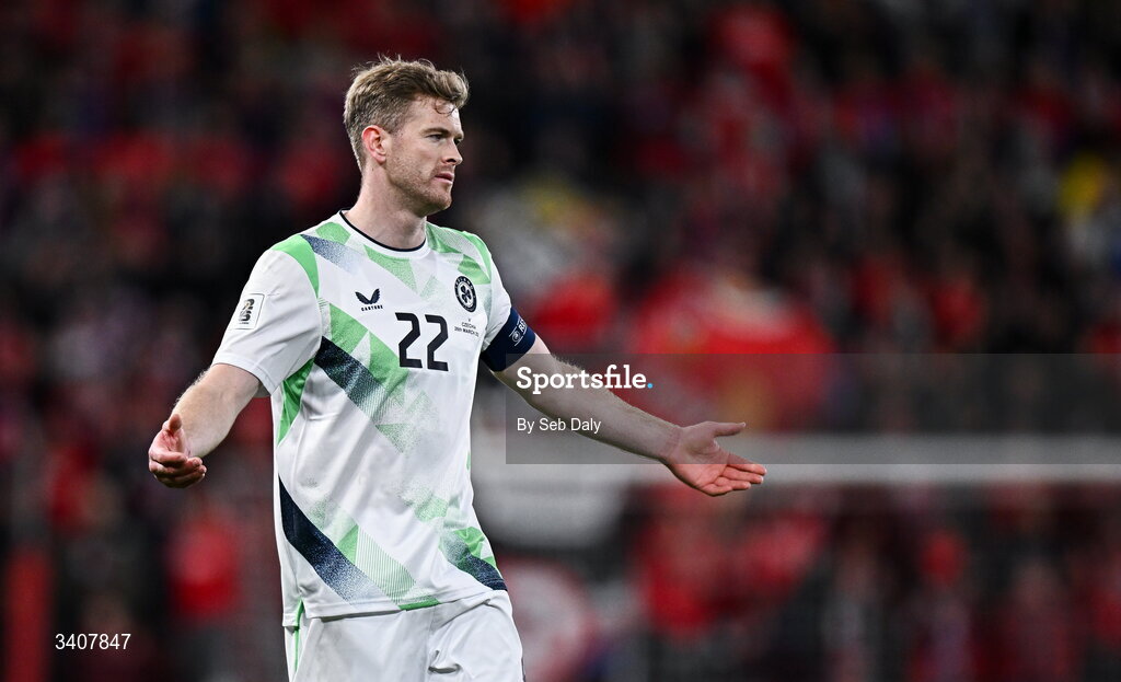 26 March 2026; Nathan Collins of Republic of Ireland during the FIFA World Cup 2026 European Qualifiers play-off semi-final match between Czechia and Republic of Ireland at Fortuna Arena in Prague, Czechia. Photo by Seb Daly/Sportsfile