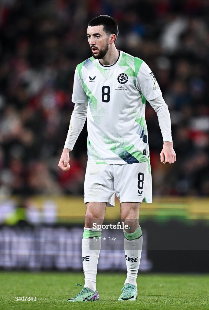 26 March 2026; Finn Azaz of Republic of Ireland during the FIFA World Cup 2026 European Qualifiers play-off semi-final match between Czechia and Republic of Ireland at Fortuna Arena in Prague, Czechia. Photo by Seb Daly/Sportsfile