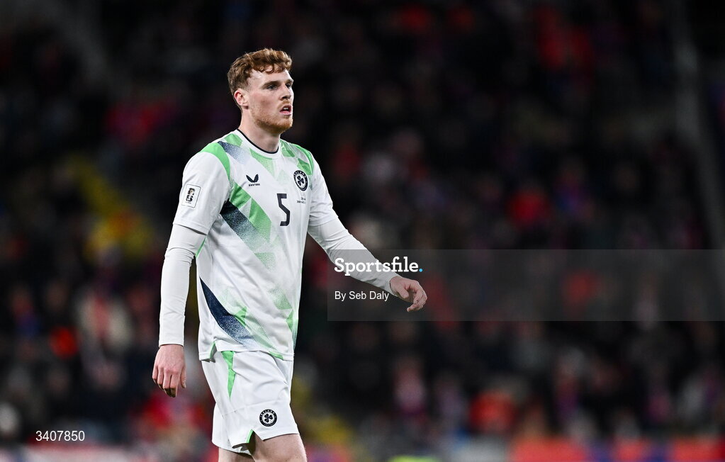 26 March 2026; Jake O'Brien of Republic of Ireland during the FIFA World Cup 2026 European Qualifiers play-off semi-final match between Czechia and Republic of Ireland at Fortuna Arena in Prague, Czechia. Photo by Seb Daly/Sportsfile