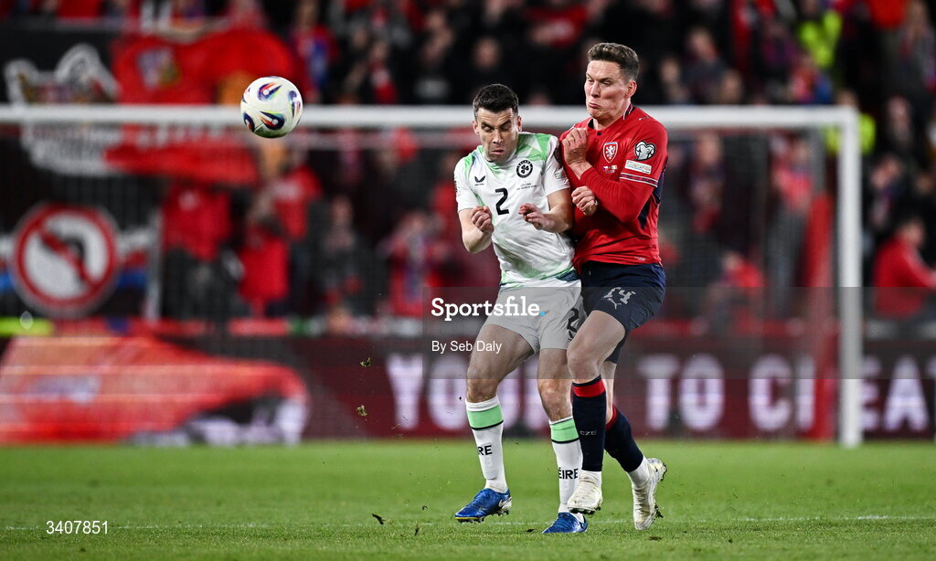 26 March 2026; Seamus Coleman of Republic of Ireland in action against Lukáš Provod of Czechia during the FIFA World Cup 2026 European Qualifiers play-off semi-final match between Czechia and Republic of Ireland at Fortuna Arena in Prague, Czechia. Photo by Seb Daly/Sportsfile