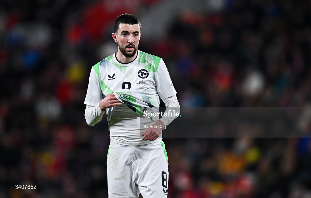 26 March 2026; Finn Azaz of Republic of Ireland during the FIFA World Cup 2026 European Qualifiers play-off semi-final match between Czechia and Republic of Ireland at Fortuna Arena in Prague, Czechia. Photo by Seb Daly/Sportsfile