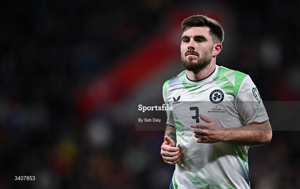 26 March 2026; Ryan Manning of Republic of Ireland during the FIFA World Cup 2026 European Qualifiers play-off semi-final match between Czechia and Republic of Ireland at Fortuna Arena in Prague, Czechia. Photo by Seb Daly/Sportsfile