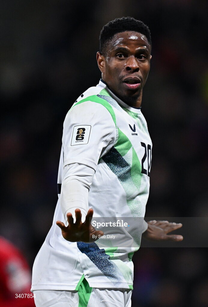 26 March 2026; Chiedozie Ogbene of Republic of Ireland during the FIFA World Cup 2026 European Qualifiers play-off semi-final match between Czechia and Republic of Ireland at Fortuna Arena in Prague, Czechia. Photo by Seb Daly/Sportsfile