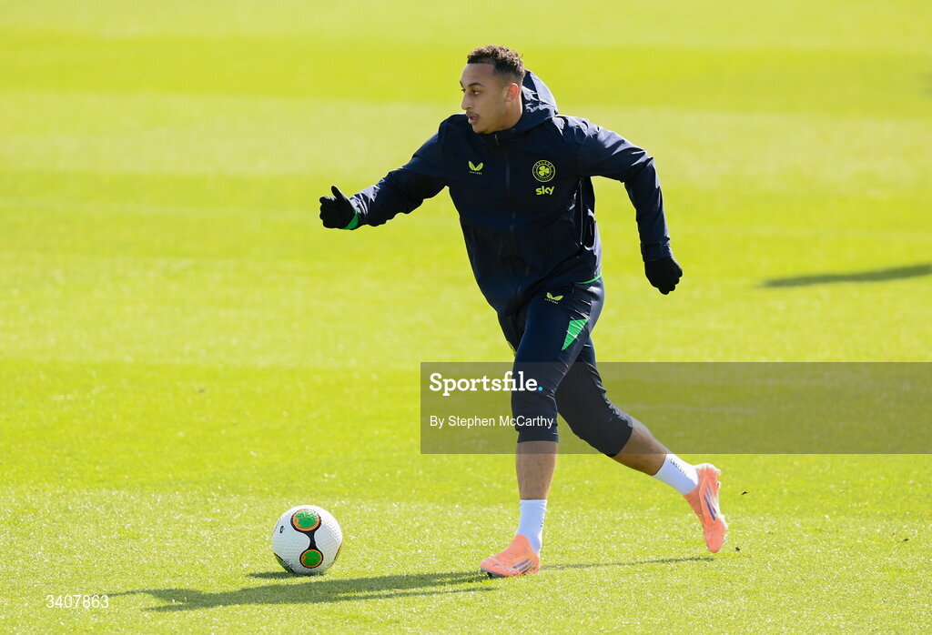 28 March 2026; Adam Idah during a Republic of Ireland men's training session at the FAI National Training Centre in Abbotstown, Dublin. Photo by Stephen McCarthy/Sportsfile