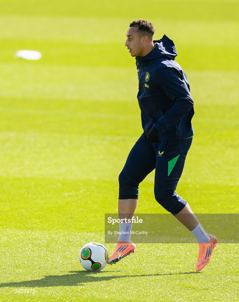 28 March 2026; Adam Idah during a Republic of Ireland men's training session at the FAI National Training Centre in Abbotstown, Dublin. Photo by Stephen McCarthy/Sportsfile