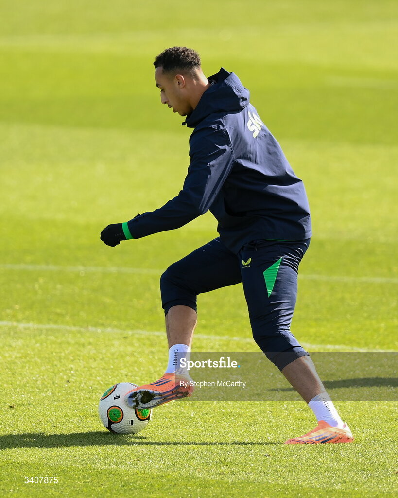 28 March 2026; Adam Idah during a Republic of Ireland men's training session at the FAI National Training Centre in Abbotstown, Dublin. Photo by Stephen McCarthy/Sportsfile