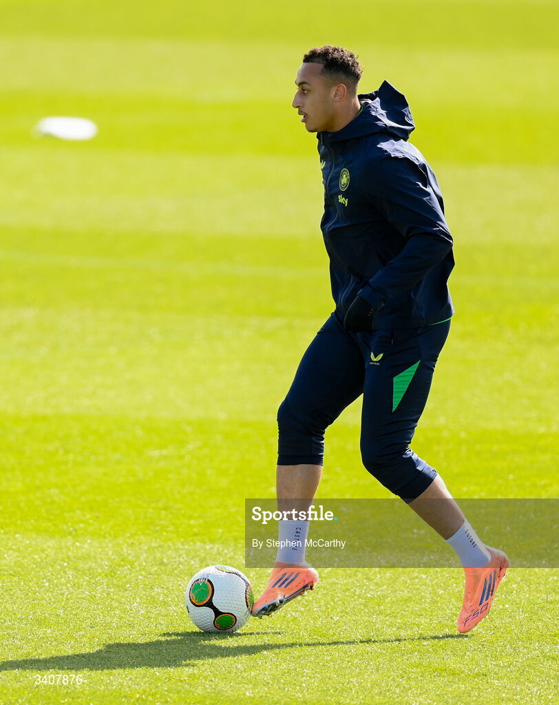 28 March 2026; Adam Idah during a Republic of Ireland men's training session at the FAI National Training Centre in Abbotstown, Dublin. Photo by Stephen McCarthy/Sportsfile