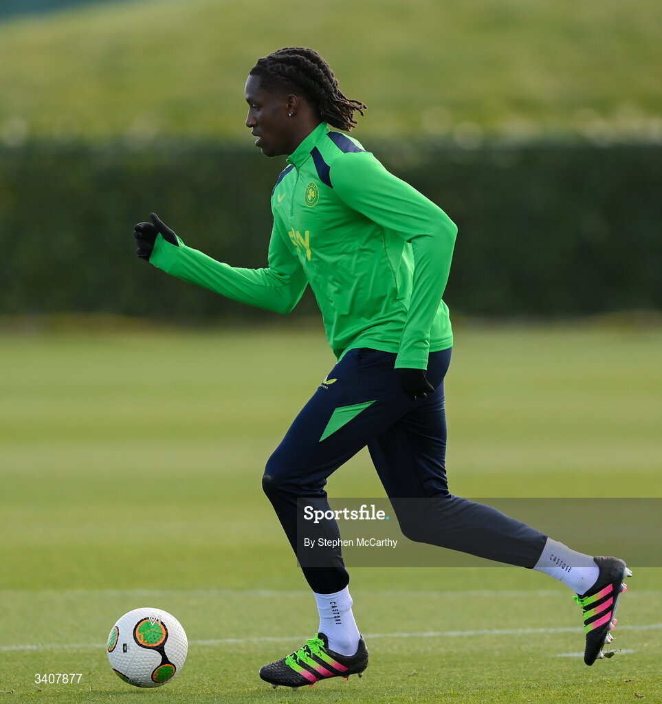 28 March 2026; Bosun Lawal during a Republic of Ireland men's training session at the FAI National Training Centre in Abbotstown, Dublin. Photo by Stephen McCarthy/Sportsfile