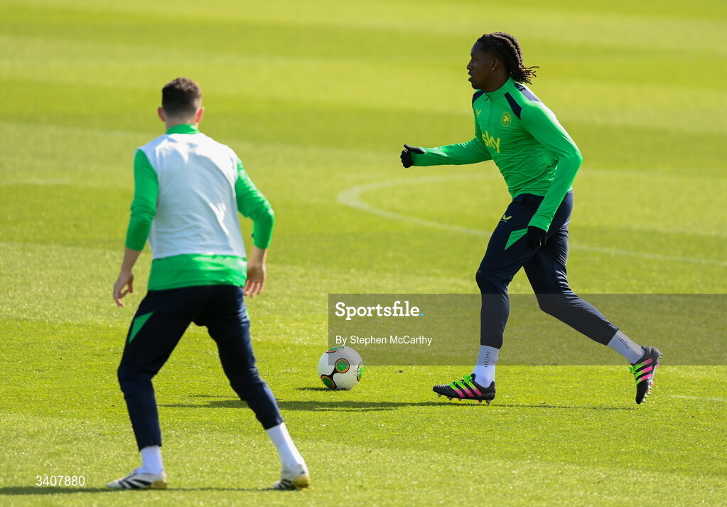 28 March 2026; Bosun Lawal during a Republic of Ireland men's training session at the FAI National Training Centre in Abbotstown, Dublin. Photo by Stephen McCarthy/Sportsfile