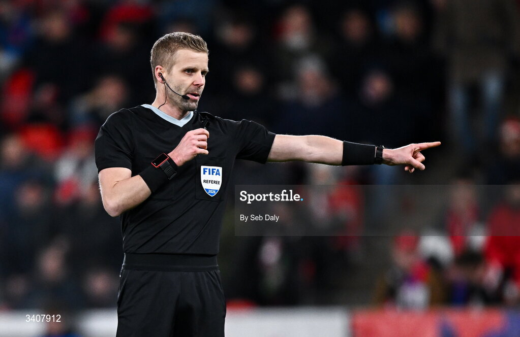26 March 2026; Referee Glenn Nyberg during the FIFA World Cup 2026 European Qualifiers play-off semi-final match between Czechia and Republic of Ireland at Fortuna Arena in Prague, Czechia. Photo by Seb Daly/Sportsfile