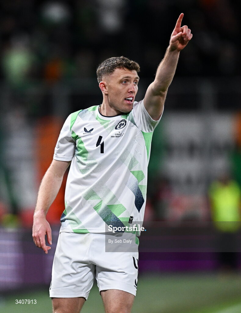 26 March 2026; Dara O'Shea of Republic of Ireland during the FIFA World Cup 2026 European Qualifiers play-off semi-final match between Czechia and Republic of Ireland at Fortuna Arena in Prague, Czechia. Photo by Seb Daly/Sportsfile