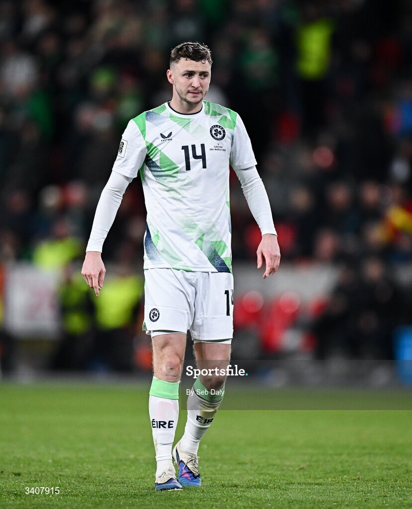 26 March 2026; Jack Taylor of Republic of Ireland during the FIFA World Cup 2026 European Qualifiers play-off semi-final match between Czechia and Republic of Ireland at Fortuna Arena in Prague, Czechia. Photo by Seb Daly/Sportsfile