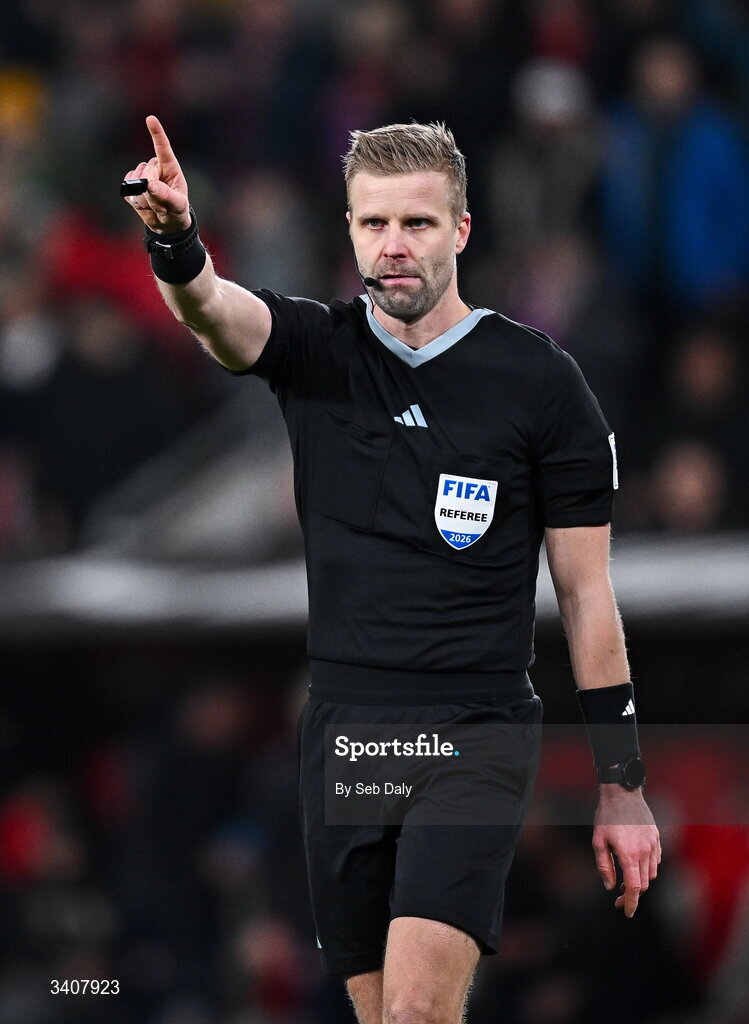 26 March 2026; Referee Glenn Nyberg during the FIFA World Cup 2026 European Qualifiers play-off semi-final match between Czechia and Republic of Ireland at Fortuna Arena in Prague, Czechia. Photo by Seb Daly/Sportsfile
