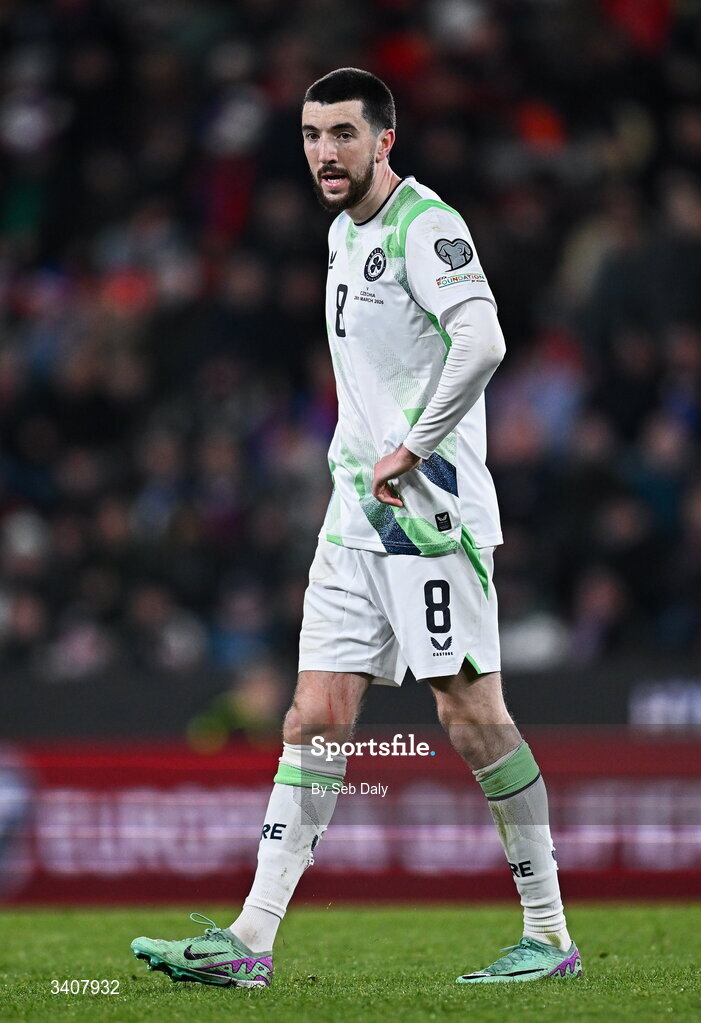 26 March 2026; Finn Azaz of Republic of Ireland during the FIFA World Cup 2026 European Qualifiers play-off semi-final match between Czechia and Republic of Ireland at Fortuna Arena in Prague, Czechia. Photo by Seb Daly/Sportsfile