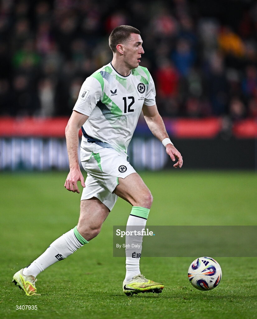 26 March 2026; Jimmy Dunne of Republic of Ireland during the FIFA World Cup 2026 European Qualifiers play-off semi-final match between Czechia and Republic of Ireland at Fortuna Arena in Prague, Czechia. Photo by Seb Daly/Sportsfile