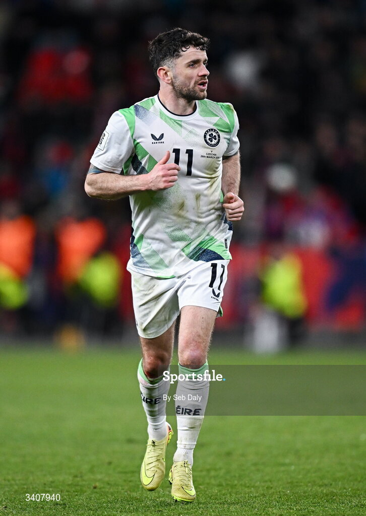 26 March 2026; Robbie Brady of Republic of Ireland during the FIFA World Cup 2026 European Qualifiers play-off semi-final match between Czechia and Republic of Ireland at Fortuna Arena in Prague, Czechia. Photo by Seb Daly/Sportsfile