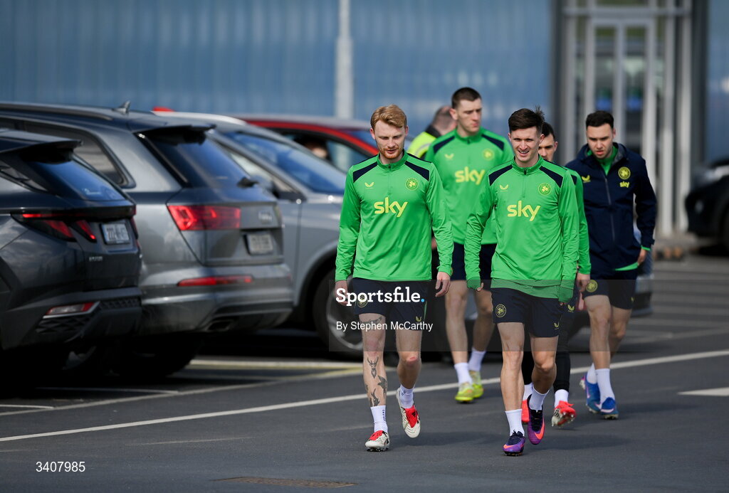28 March 2026; Liam Scales, left, and Johnny Kenny arrive for a Republic of Ireland men's training session at the FAI National Training Centre in Abbotstown, Dublin. Photo by Stephen McCarthy/Sportsfile