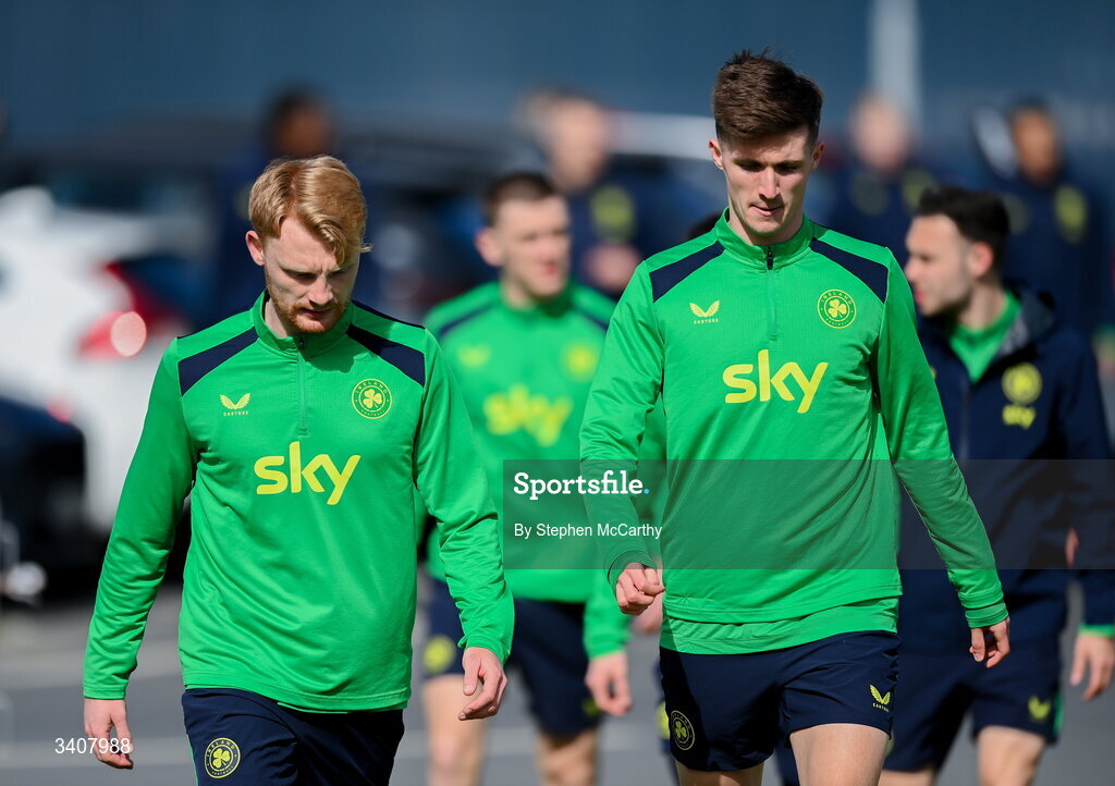 28 March 2026; Liam Scales, left, and Johnny Kenny arrive for a Republic of Ireland men's training session at the FAI National Training Centre in Abbotstown, Dublin. Photo by Stephen McCarthy/Sportsfile
